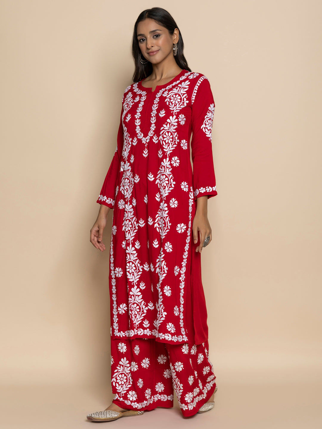 HOUSE OF KARI Floral Embroidered Chikankari Cotton A-Line Kurta | Swadesiicart