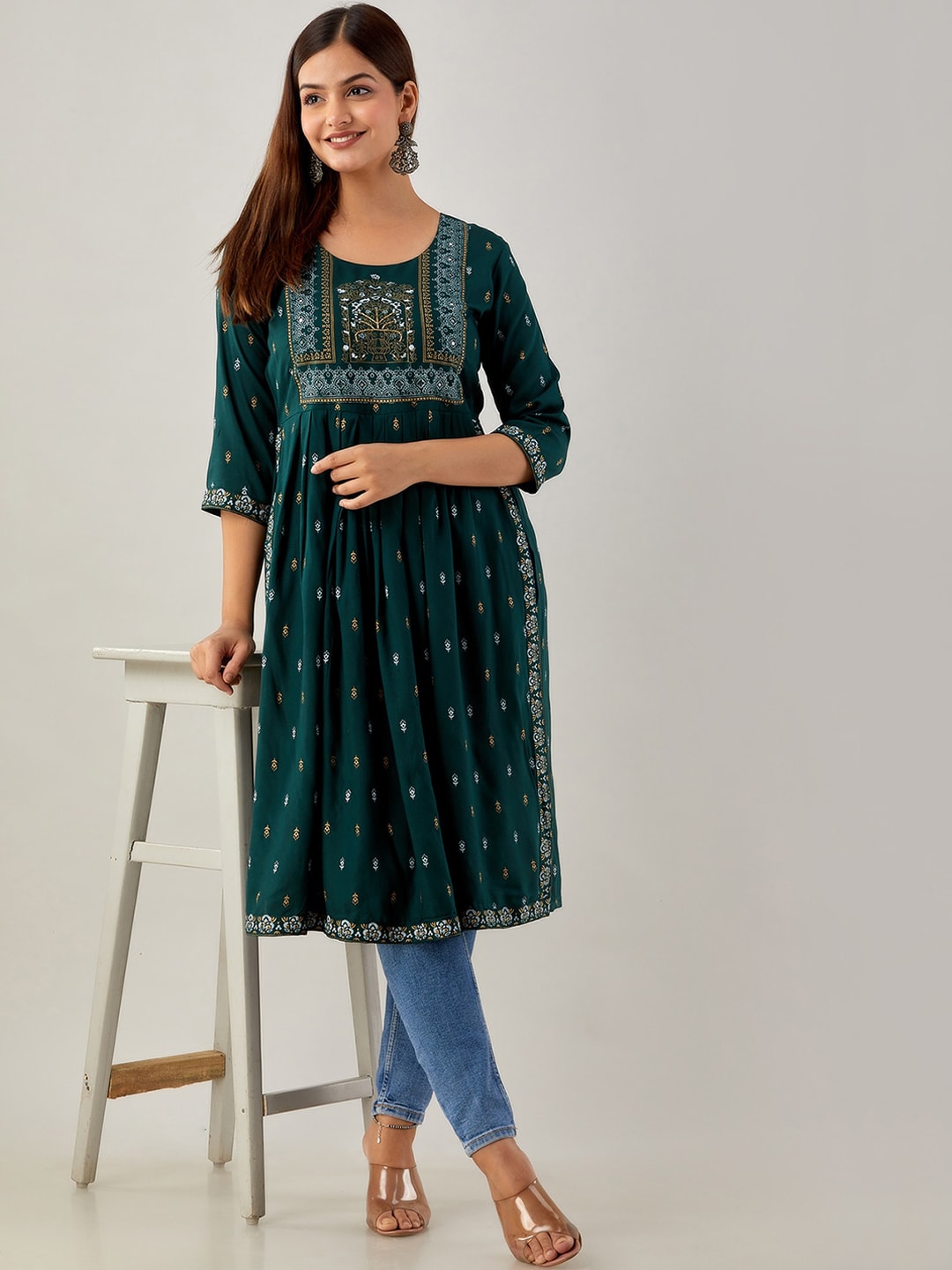 Kalini Ethnic Motifs Printed Mirror Work Kurta - Swadesiicart
