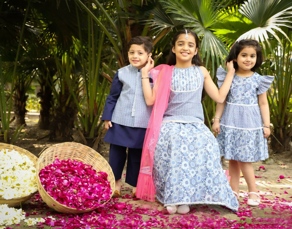 Lil Drama Boys Kurta pyjama with jacket set - Navy Blue | Swadesiicart