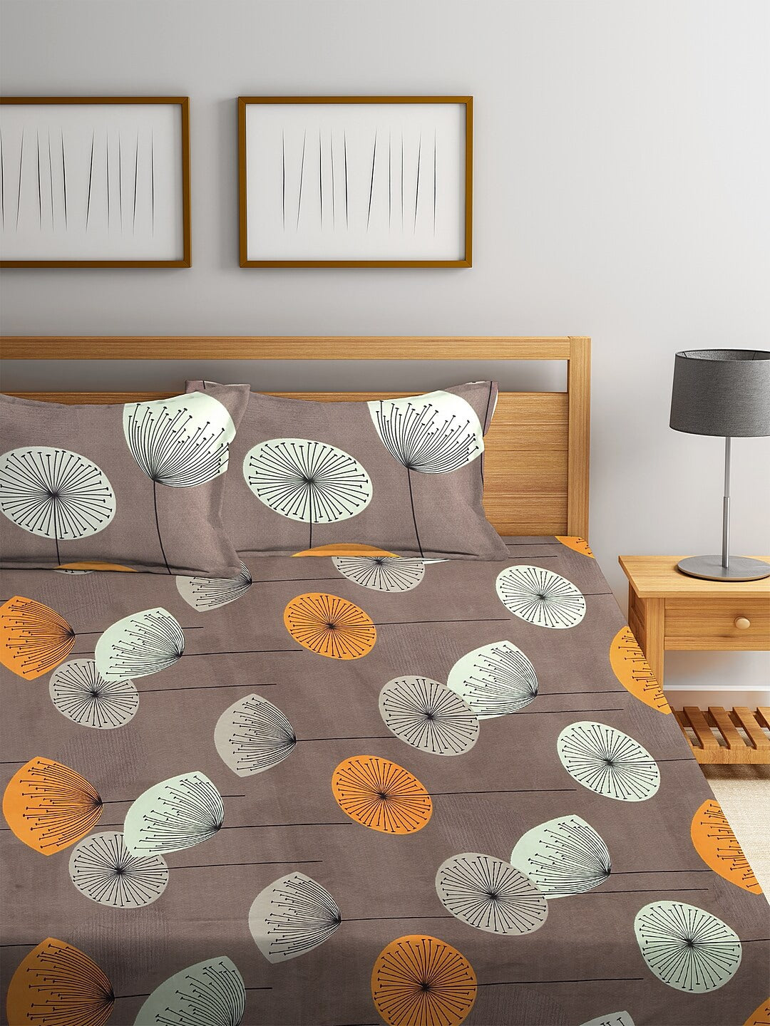 KLOTTHE Brown & Yellow Floral 210 TC Cotton Bedsheet with Pillow Cover - Swadesiicart