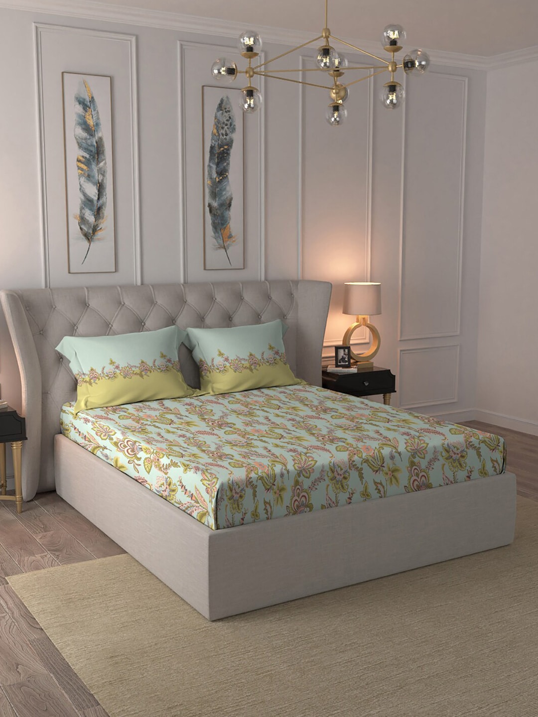 MYTRIDENT Blue White Floral Pure Cotton 144 TC Queen Bedsheet With 2 Pillow Covers - Swadesiicart