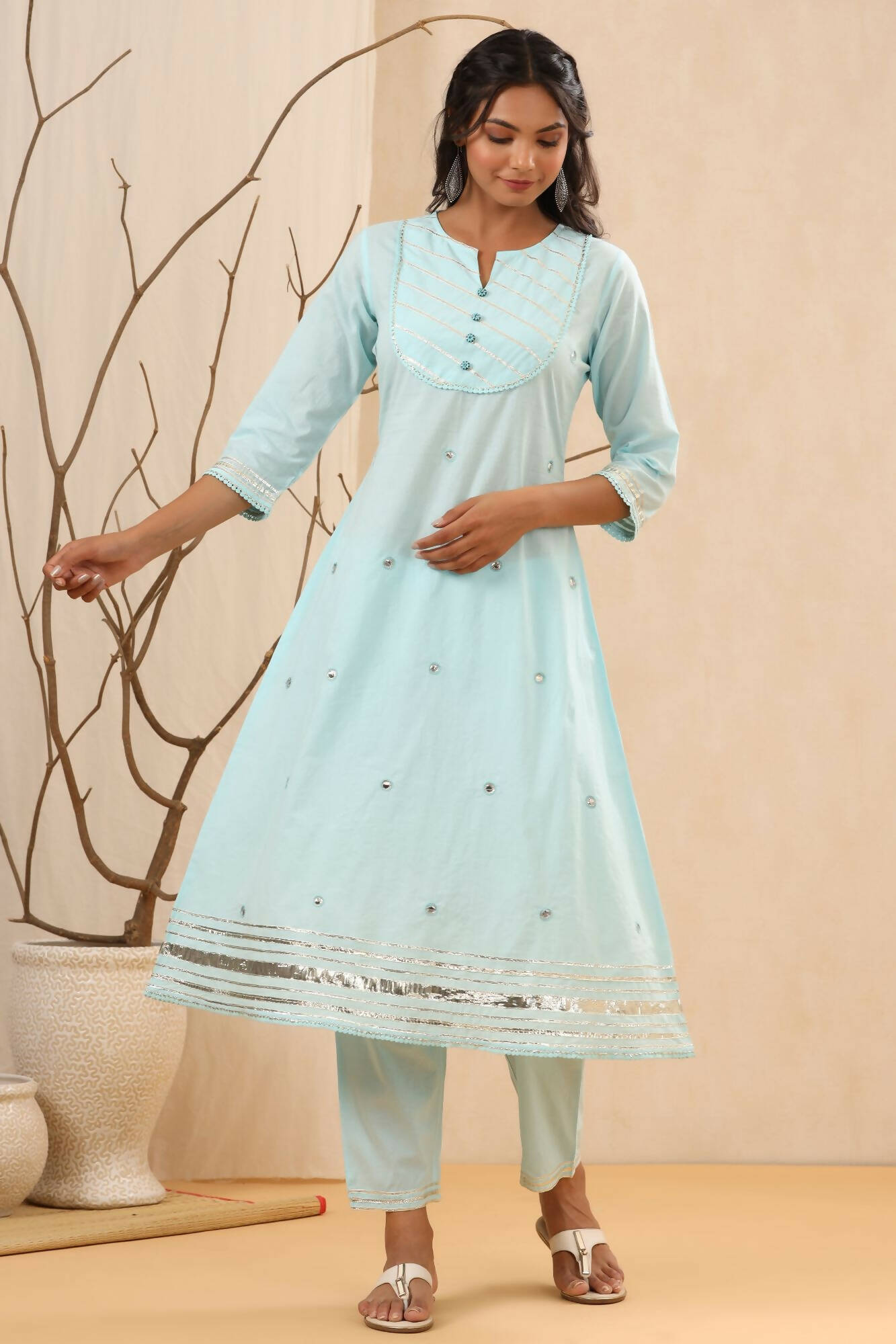Juniper Women Skyblue Cambric Gotta Work Straight Kurta Sets - Swadesiicart