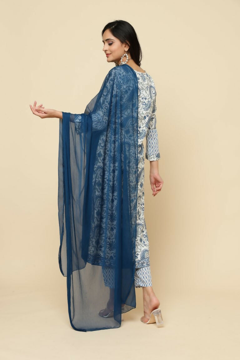 Designer Stylish White Keri cotton Stitched Suit With Dupatta - Tanisha | Swadesiicart