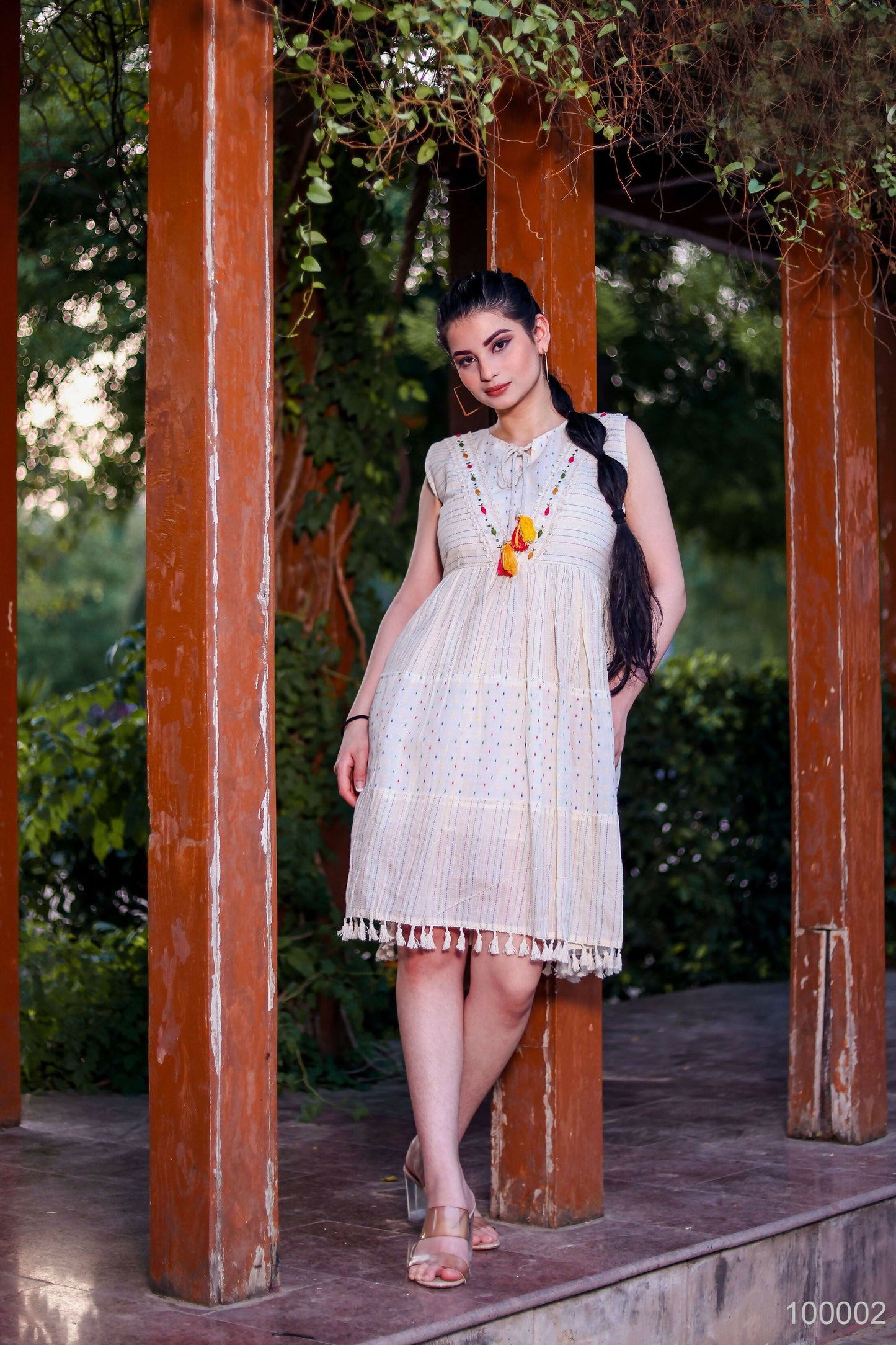 Aayaa Designer Multi Thread Hand Work Khadi Cotton One Piece Dress - Off White