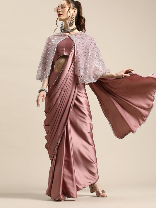 Tikhi Imli Trendy Mauve Sleek Poly Crepe Saree with Embellished Border & Cape | Swadesiicart