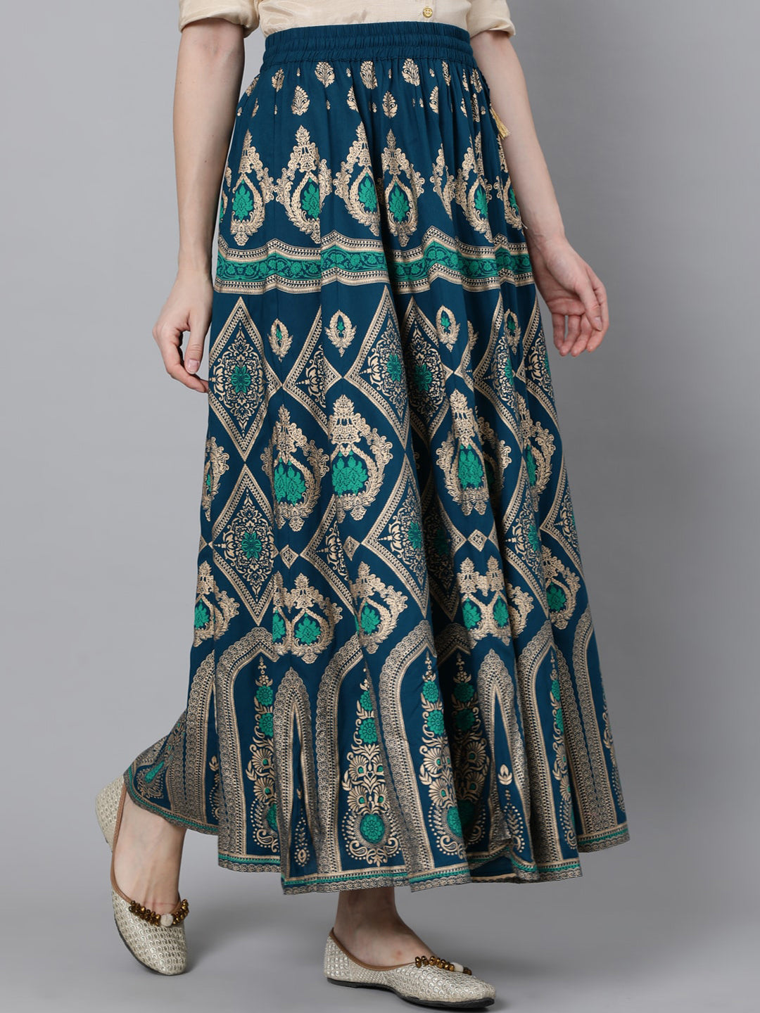 Jaipur Kurti Women Turquoise Blue & Gold-Coloured Printed Maxi-Length Skirt | Swadesiicart