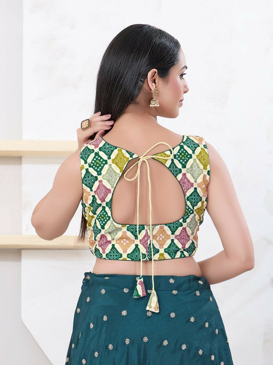 Joban Fashion Green Bandhani Sleeveless Back Open Blouse - Swadesiicart