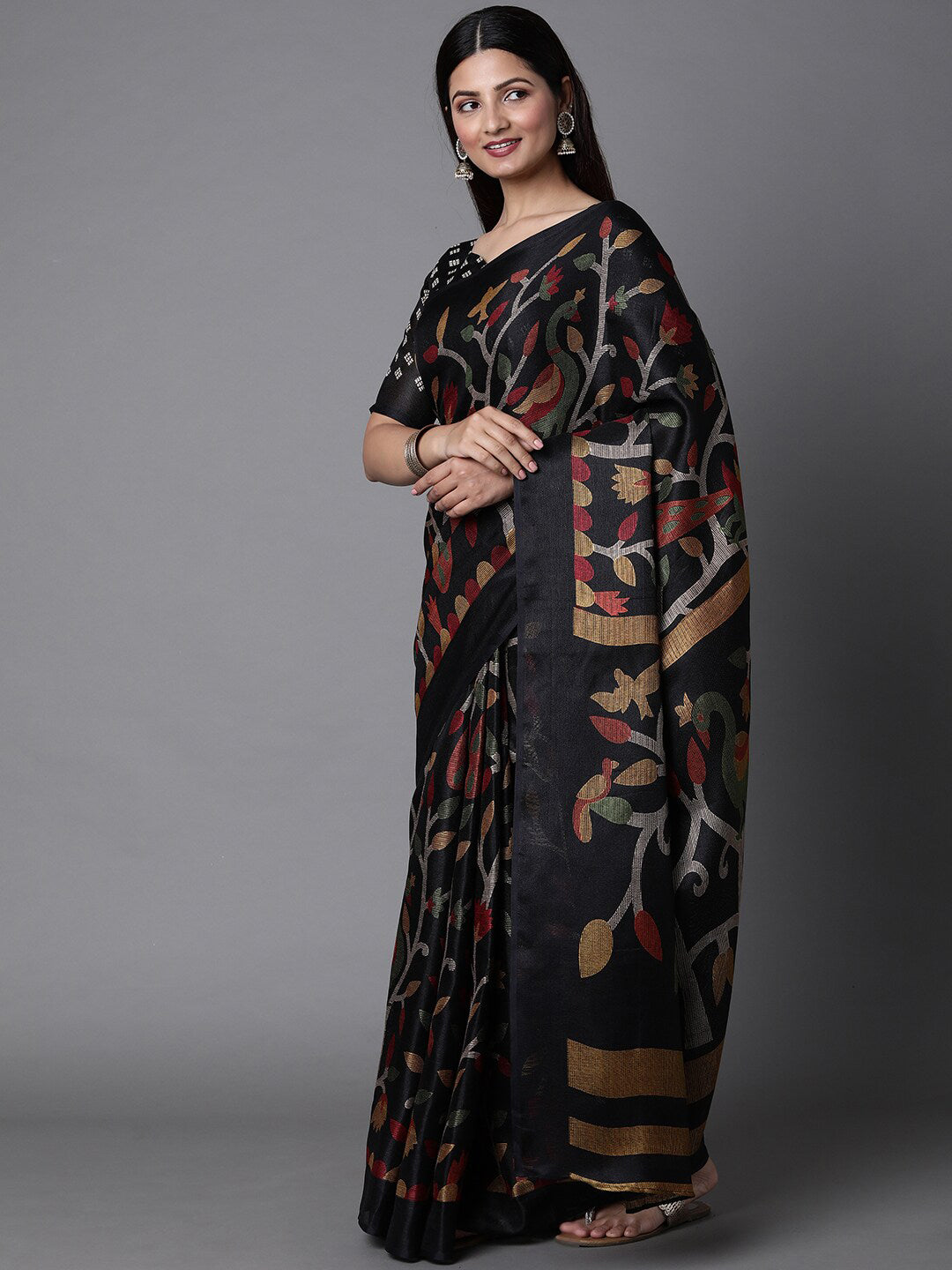 Mitera Black & Green Ethnic Motifs Jute Cotton Banarasi Saree with Matching Blouse | Swadesiicart