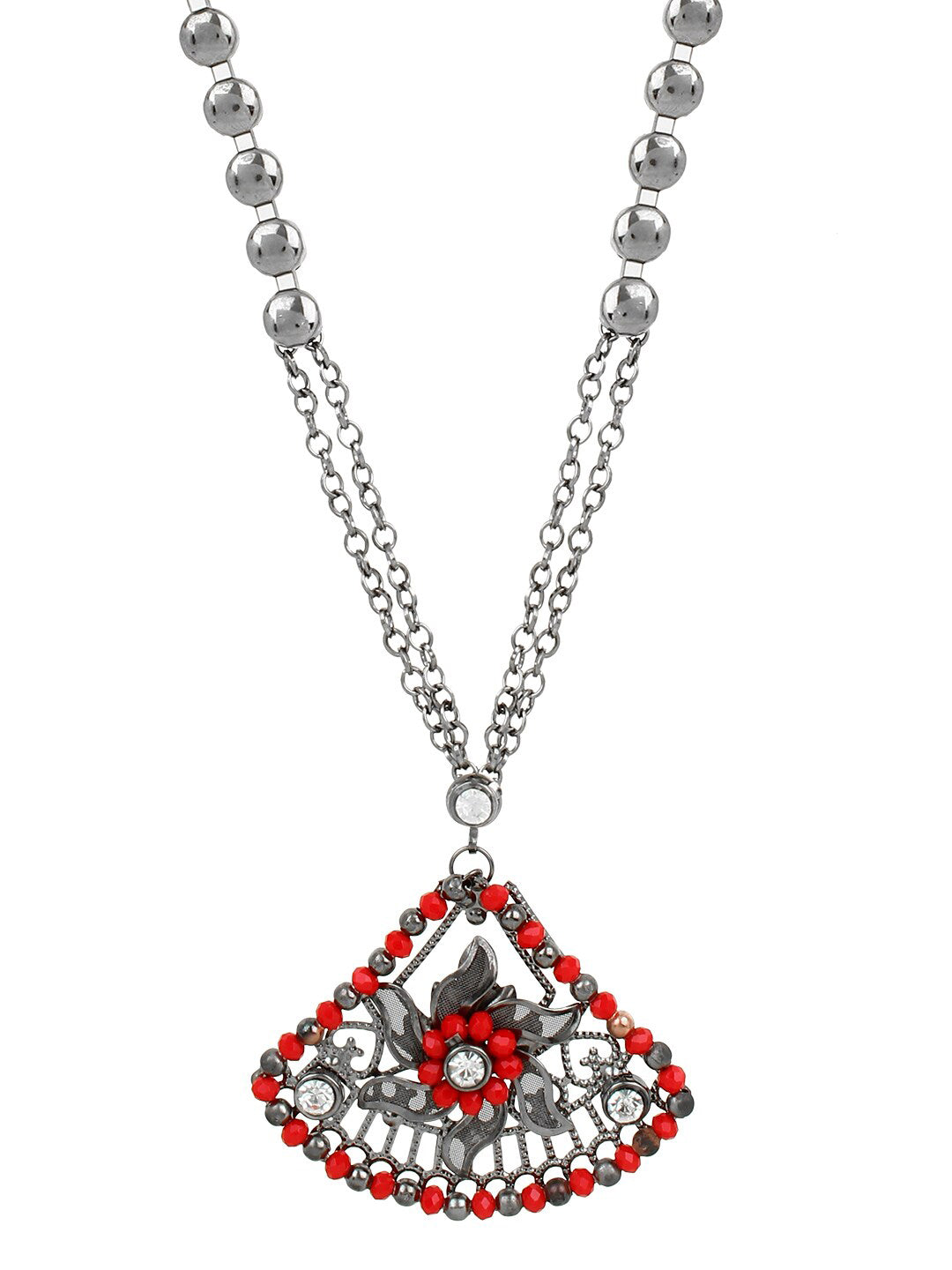 Cardinal Women Oxidised Silver-Plated Red Stone Studded & Beaded Jewellery Set - Swadesiicart