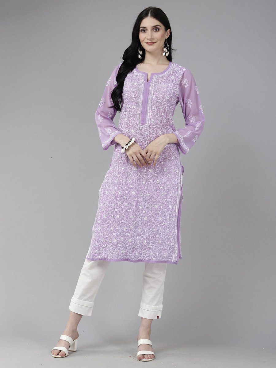 ADA Women Purple & White Ethnic Motifs Embroidered Chikankari Georgette Kurta | Swadesiicart