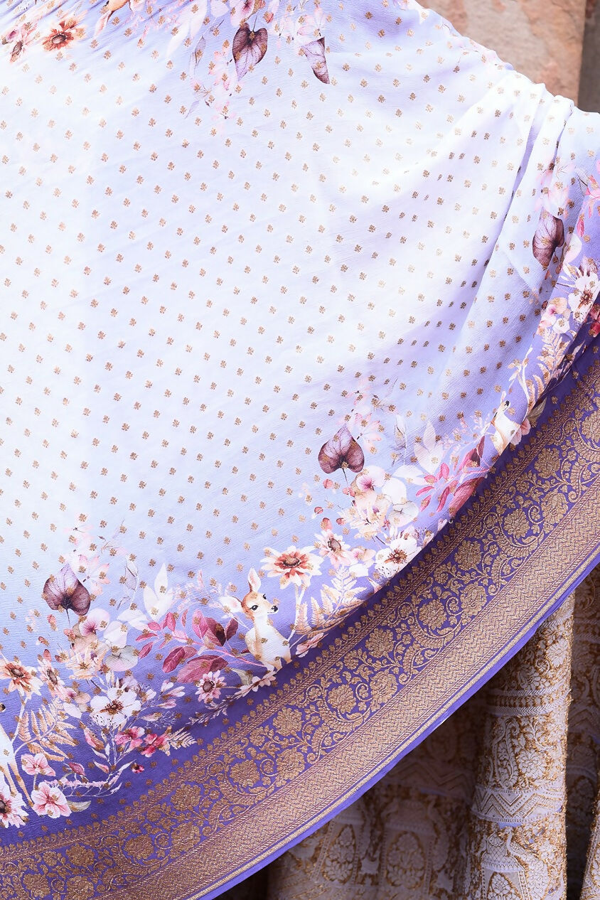 Joban Fashion Shade Of Orchid Crepe Chiffon Pure Handloom Banarasi Silk Saree | Swadesiicart