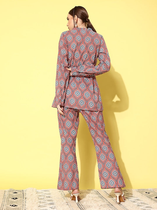 InWeave Women's Pink Blue Ogee Print Belted Coord Set - Swadesiicart