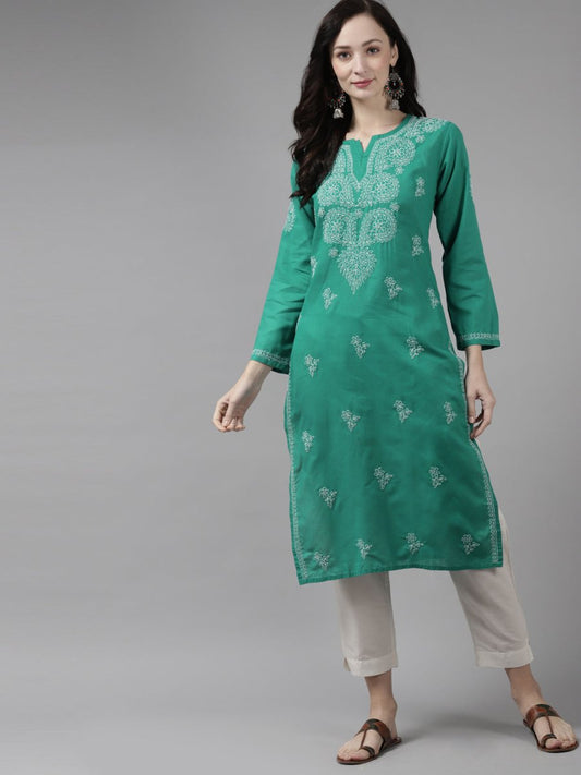 ADA Women Green & White Ethnic Motifs Hand Embroidered Chikankari Handloom Kurta | Swadesiicart