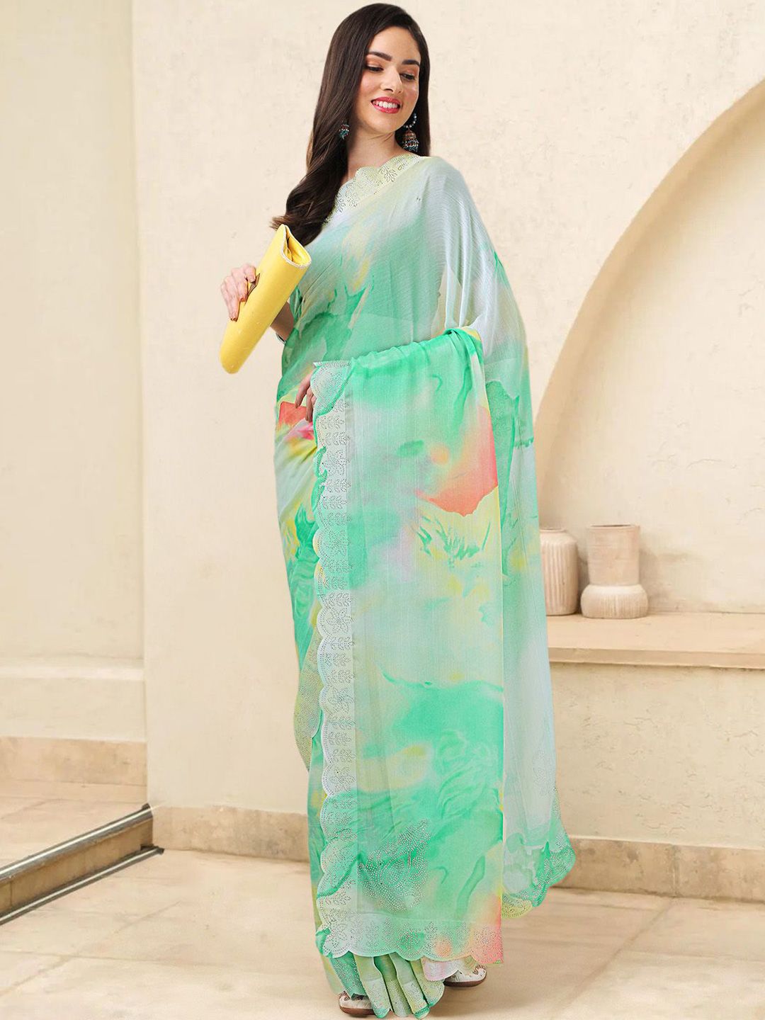 Mitera Tie and Dye Beads and Stones Poly Chiffon Ready to Wear Saree | Swadesiicart