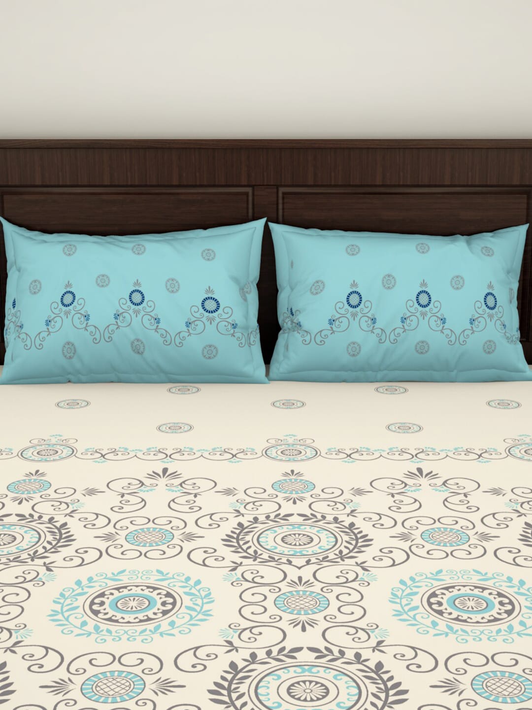SPACES Reagalis Cream Ethnic Motifs 140 TC Cotton Queen Bedsheet & 2 Pillow Covers - Swadesiicart