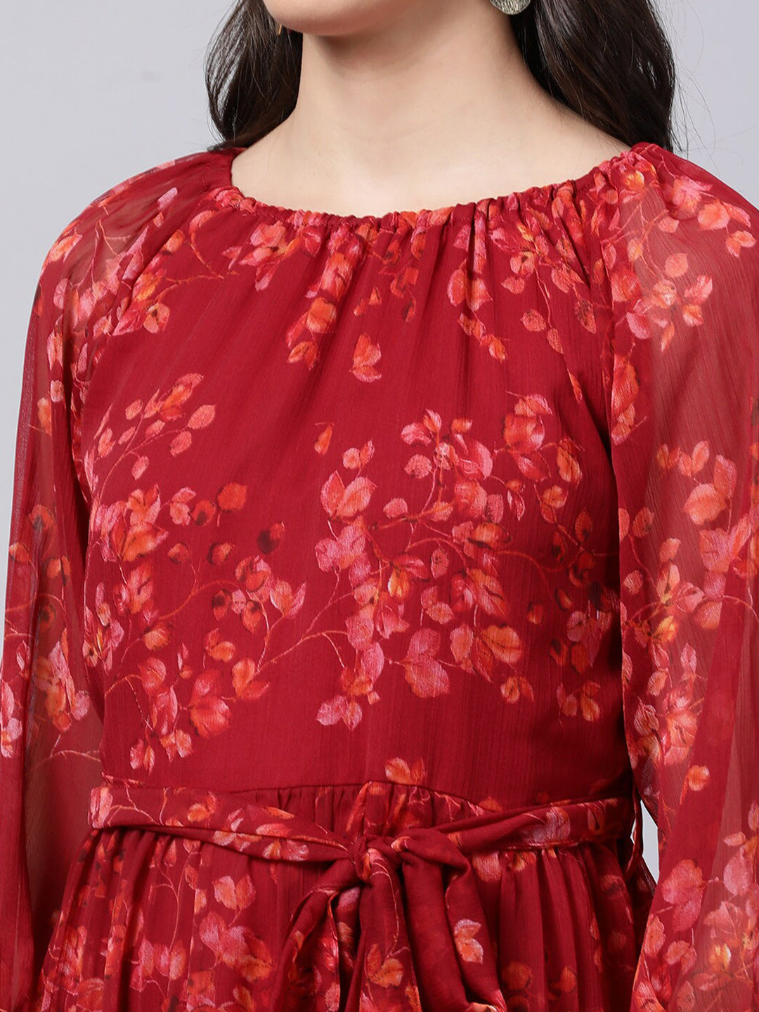 Souchii Maroon Floral Layered Chiffon A-Line Midi Dress - Swadesiicart