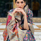Mitera Grey & Pink Floral Silk Blend Banarasi Saree | Swadesiicart