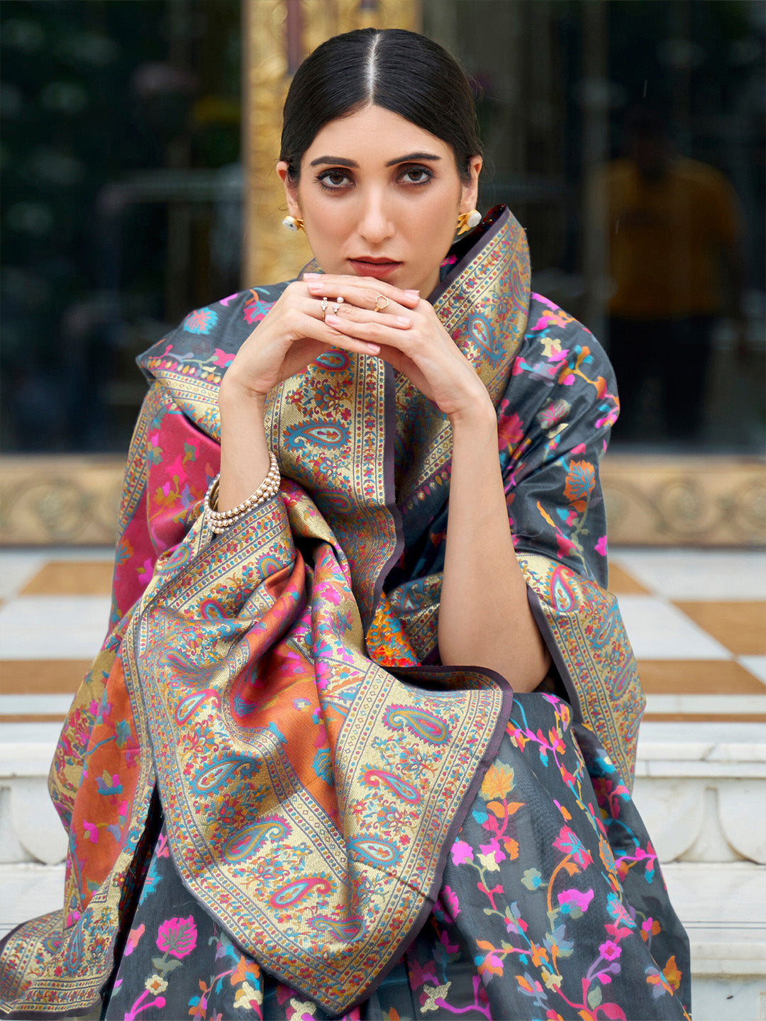 Mitera Grey & Pink Floral Silk Blend Banarasi Saree | Swadesiicart
