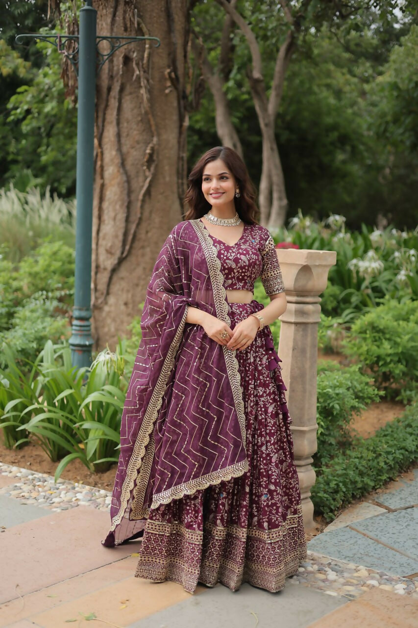 Lorenvalley Wine Pure Viscose Jacquard with Golden Embroidered Sequins work Lehenga Choli | Swadesiicart