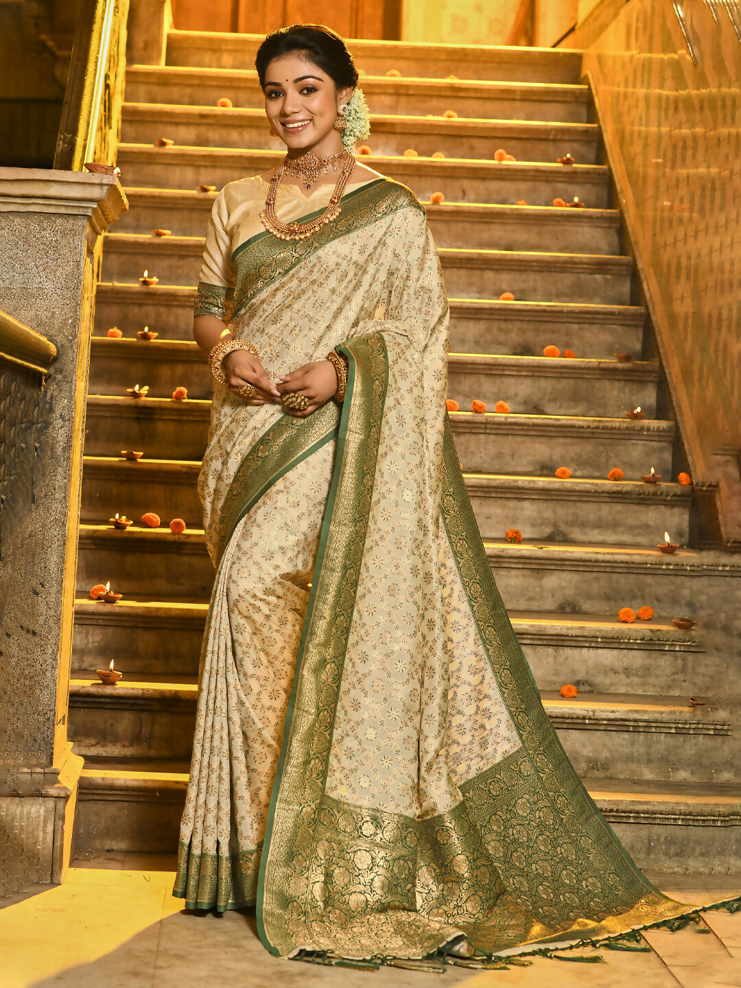 Astita Rajvastra Dark Green Banarasi Silk Saree | Swadesiicart