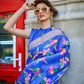 Blue Satin Organza Floral Woven Design Saree With Unstitched Blouse Piece - Klay's