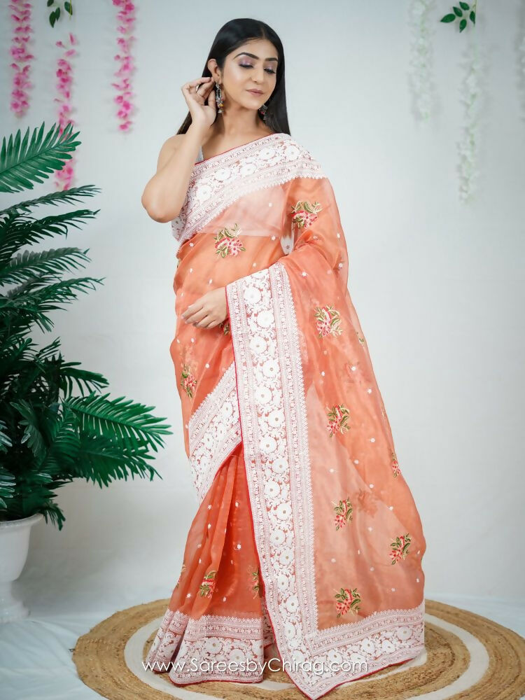 Vamsee Sambhuti Red Organza Saree - Swadesiicart