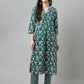 FIORRA Women's Teal Green Cotton A-Line Kurta Set - Swadesiicart