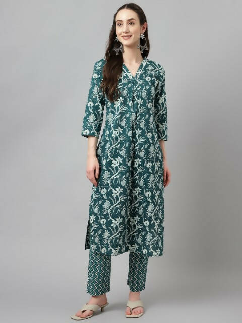FIORRA Women's Teal Green Cotton A-Line Kurta Set - Swadesiicart