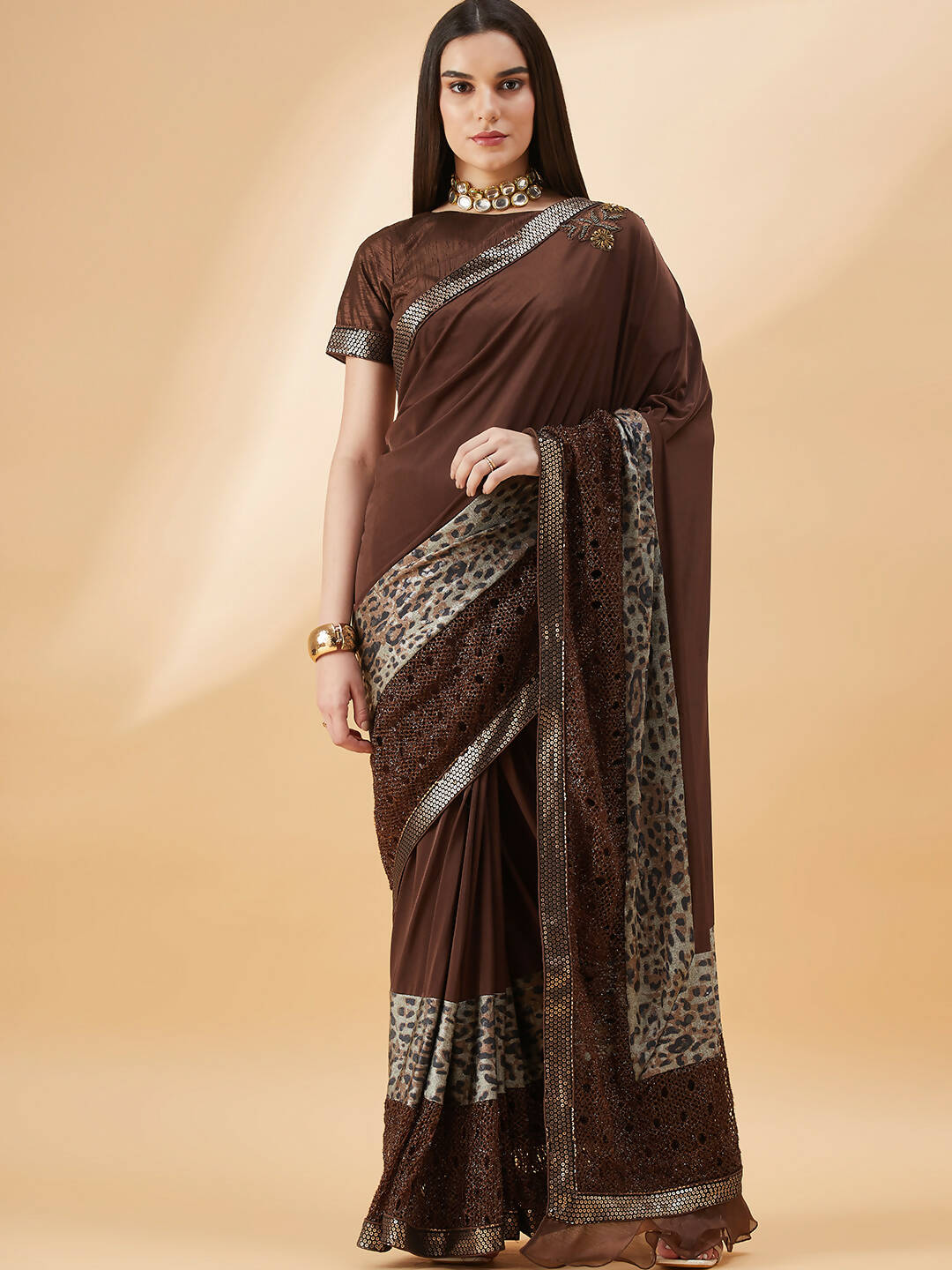 Brown Lycra Animal Print, Fancy Value Addition Fabric Saree - Norita Hit Design - Swadesiicart