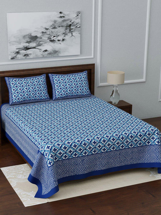 LIVING ROOTS Blue & White Ethnic Motifs 210 TC King Bedsheet With 2 Pillow Covers - Swadesiicart