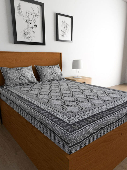 Urban Magic Grey & White Ethnic Printed Cotton 104 TC King Bedsheet with 2 Pillow Covers - Swadesiicart