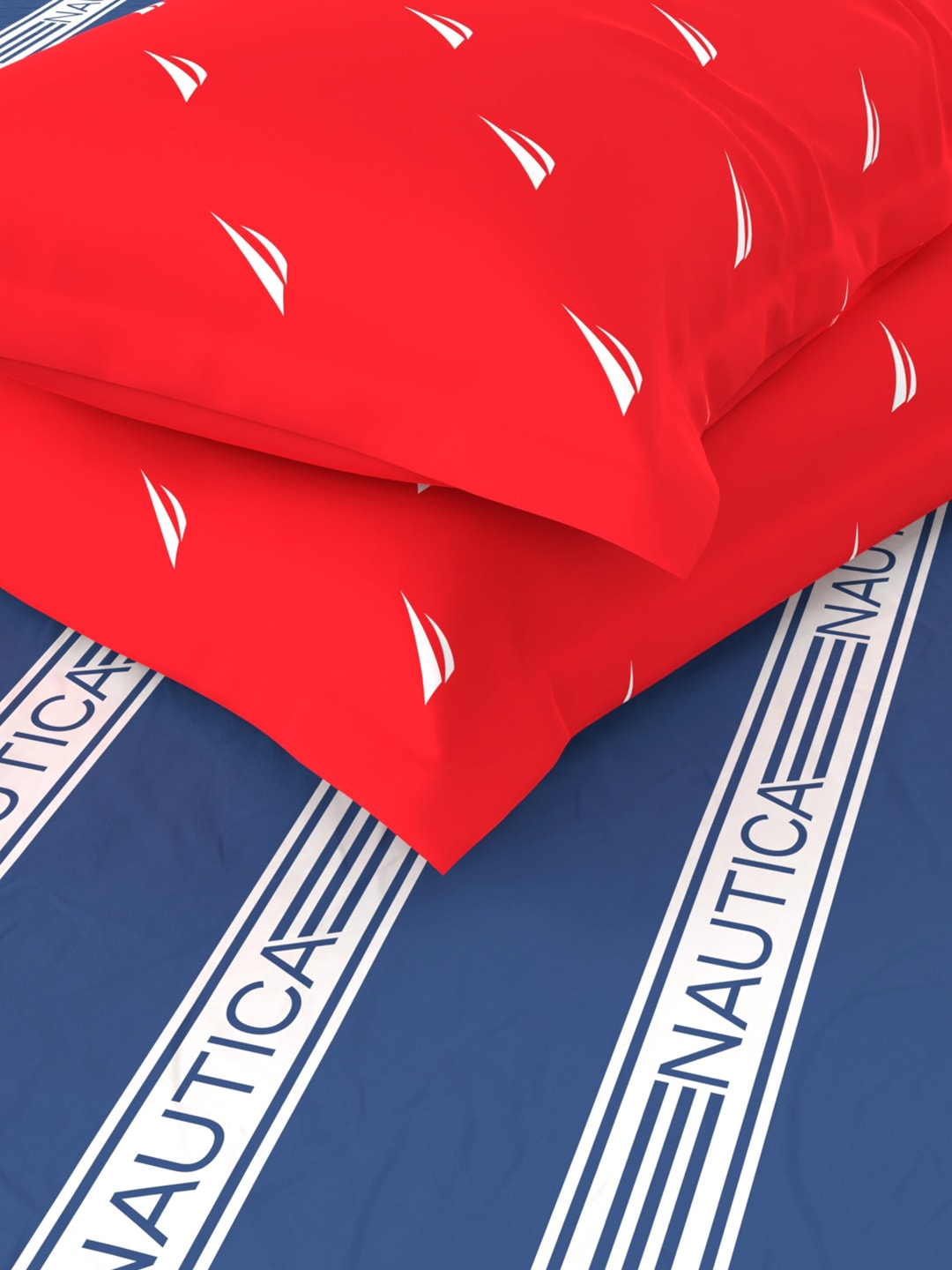 Nautica Blue & Red Striped Cotton 160 TC King Bedsheet With 2 Pillow Covers - Swadesiicart