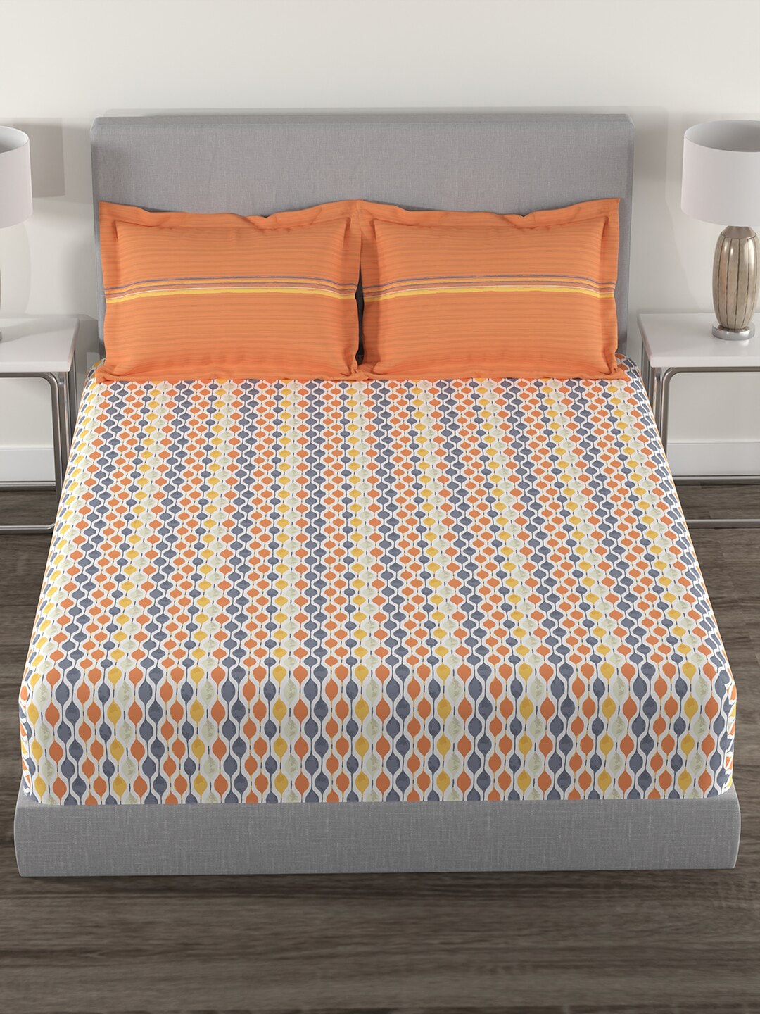 MYTRIDENT Orange White Geometric Cotton 144 TC Queen Bedsheet With 2 Pillow Covers - Swadesiicart