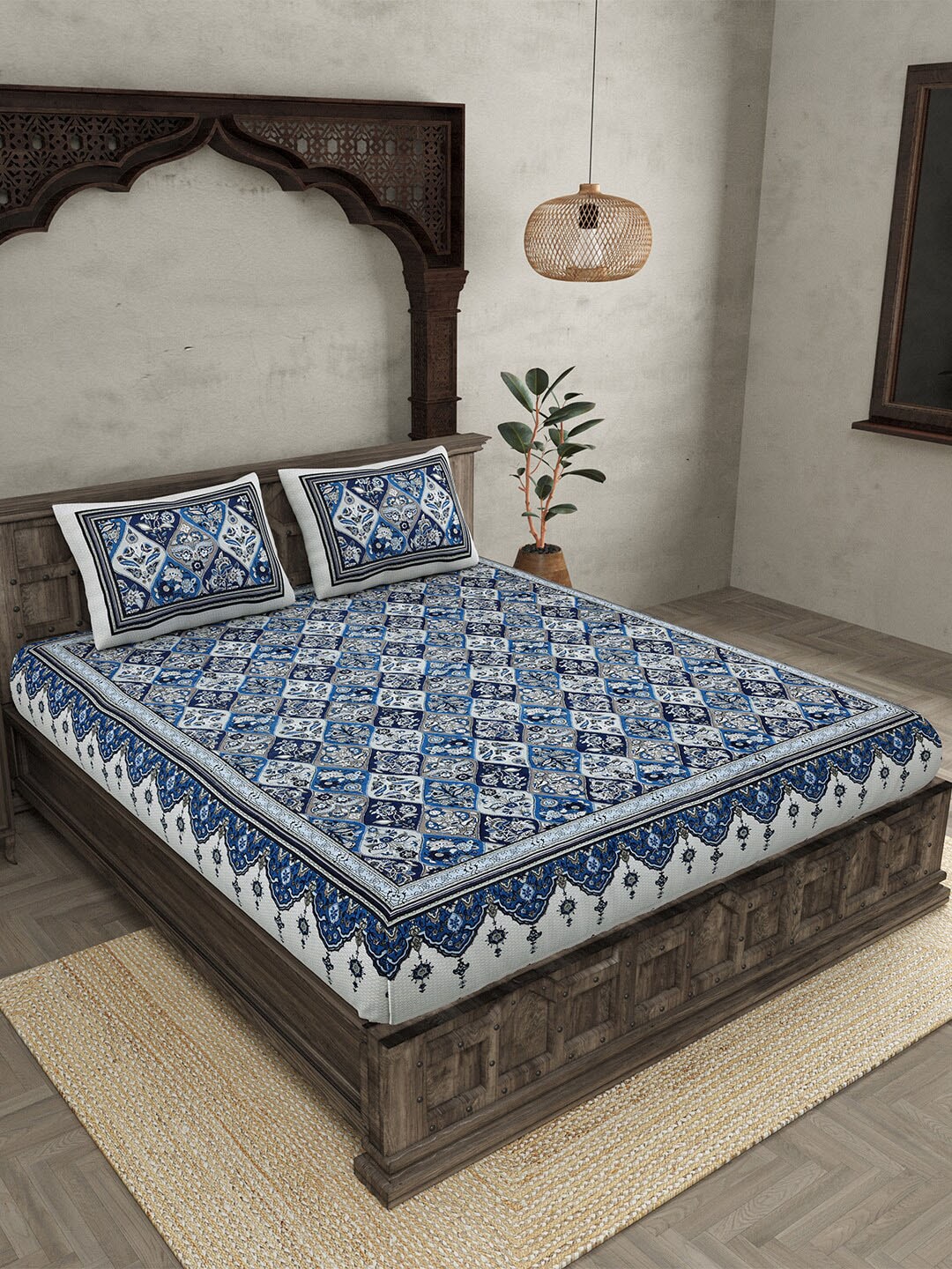 JAIPUR FABRIC Festival Waves Blue & White Cotton 210 TC Queen Bedsheet & 2 Pillow Covers | Swadesiicart