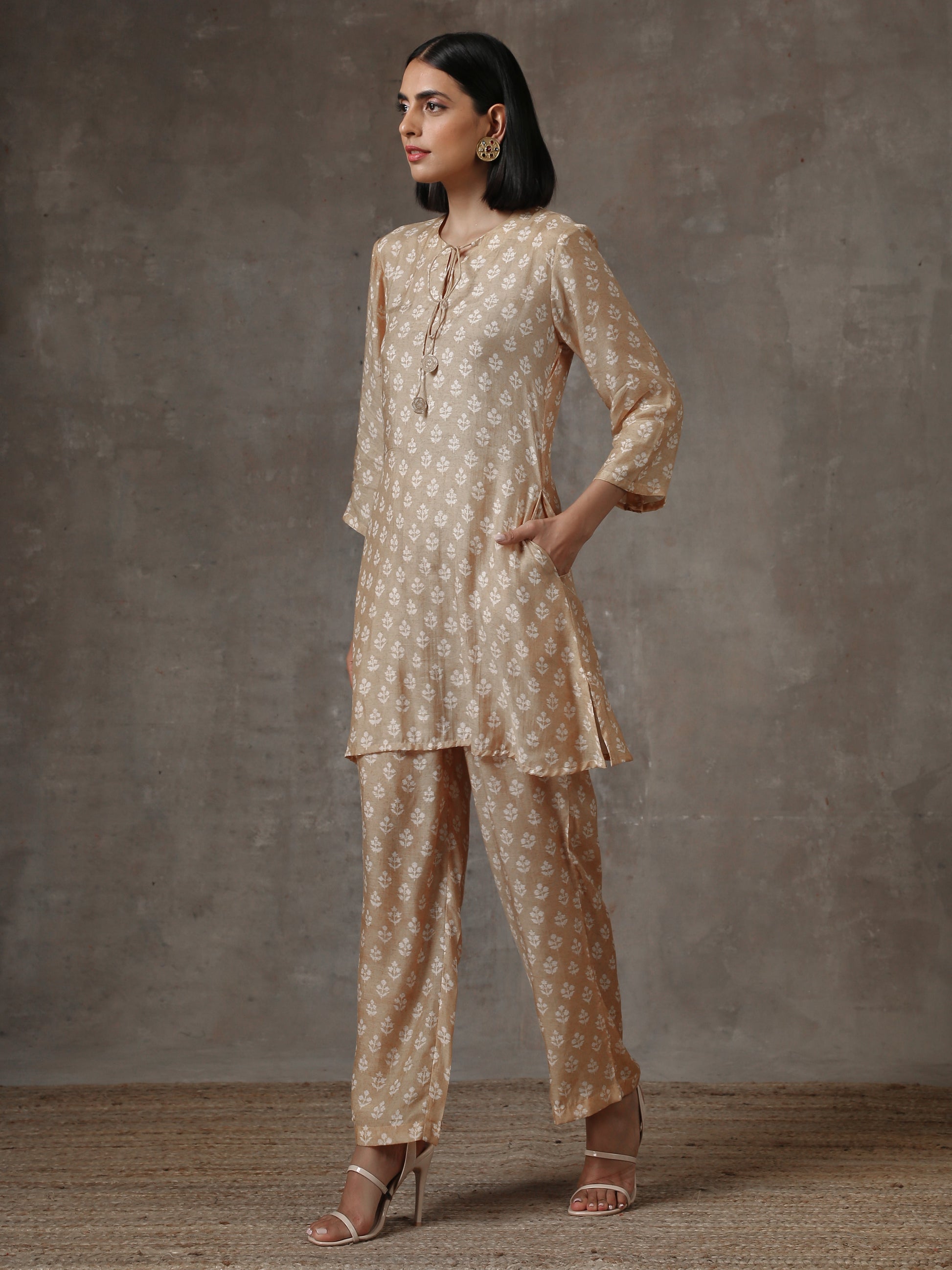 trueBrowns Beige White Printed Silk Co-Ord Set - Swadesiicart