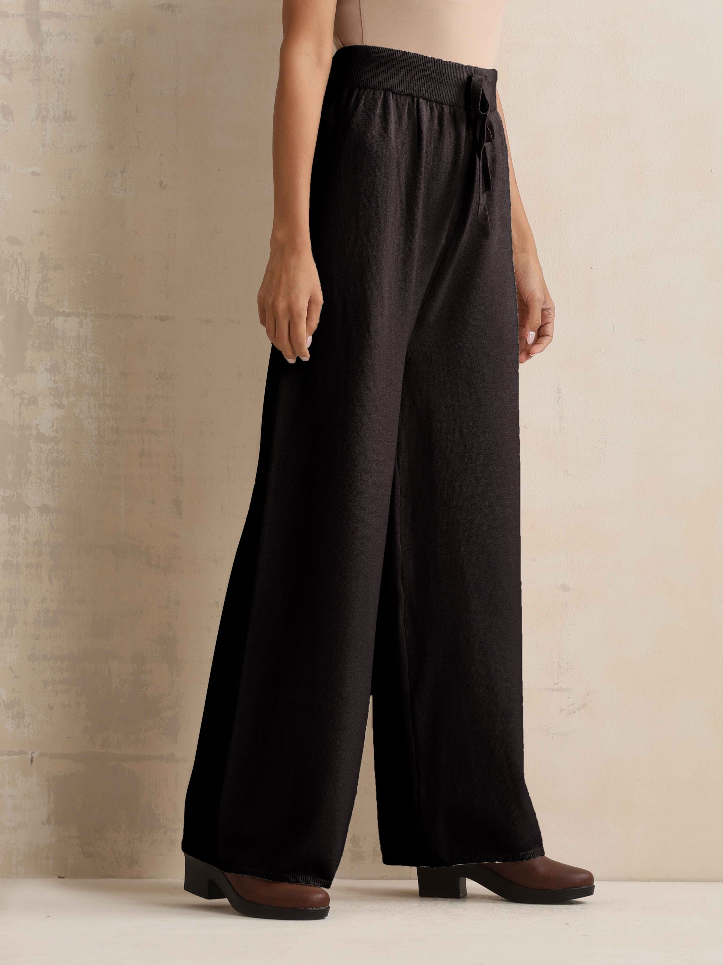 trueBrowns Black Woollen Flared Pants | Swadesiicart