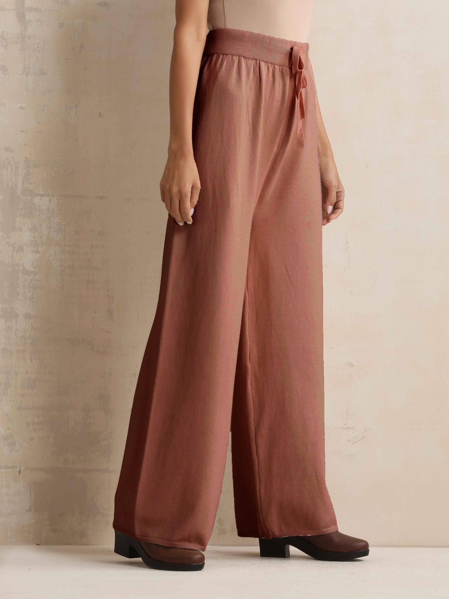 trueBrowns Peach Woollen Flared Pants | Swadesiicart