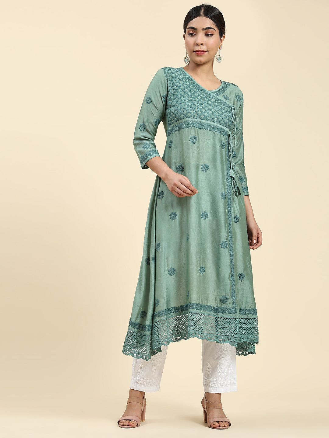 HOUSE OF KARI Embroidered Chikankari Chanderi Silk Anarkali Kurta | Swadesiicart