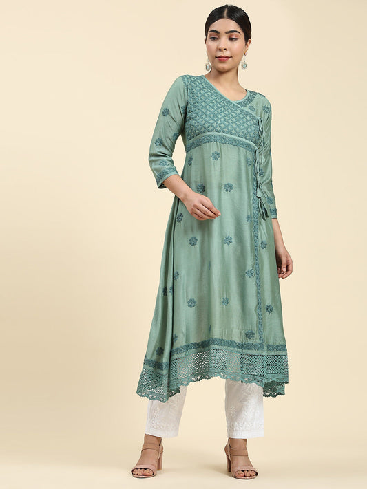 HOUSE OF KARI Embroidered Chikankari Chanderi Silk Anarkali Kurta | Swadesiicart