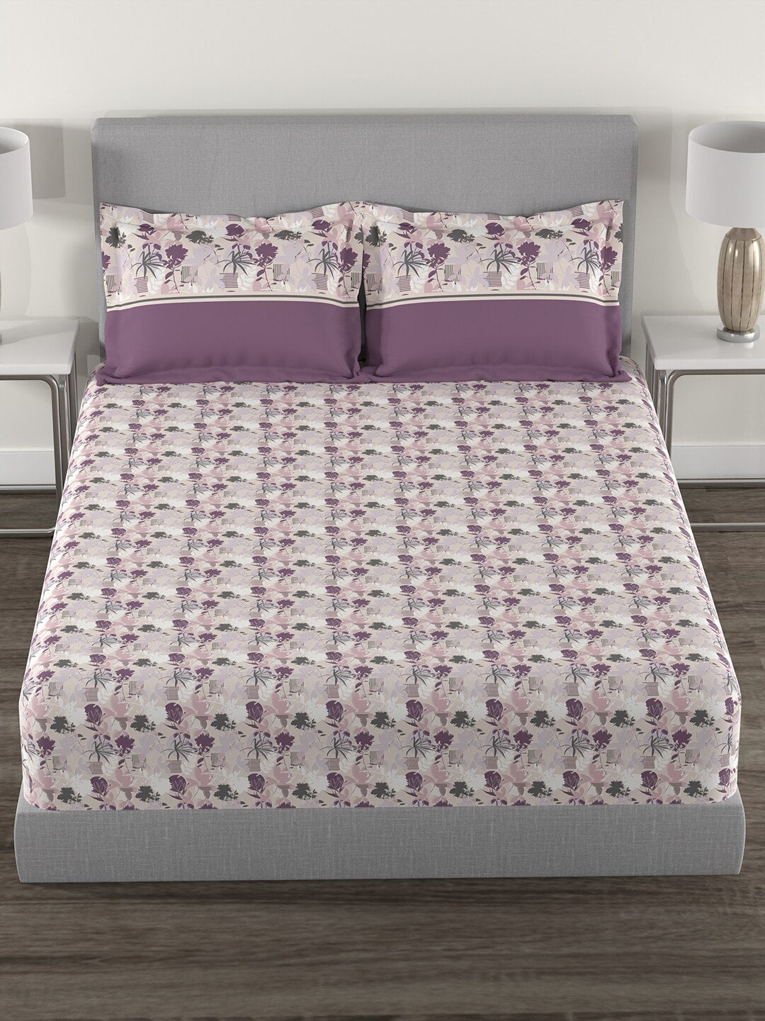 MYTRIDENT Mauve White Floral Cotton 144 TC Queen Bedsheet With 2 Pillow Covers - Swadesiicart