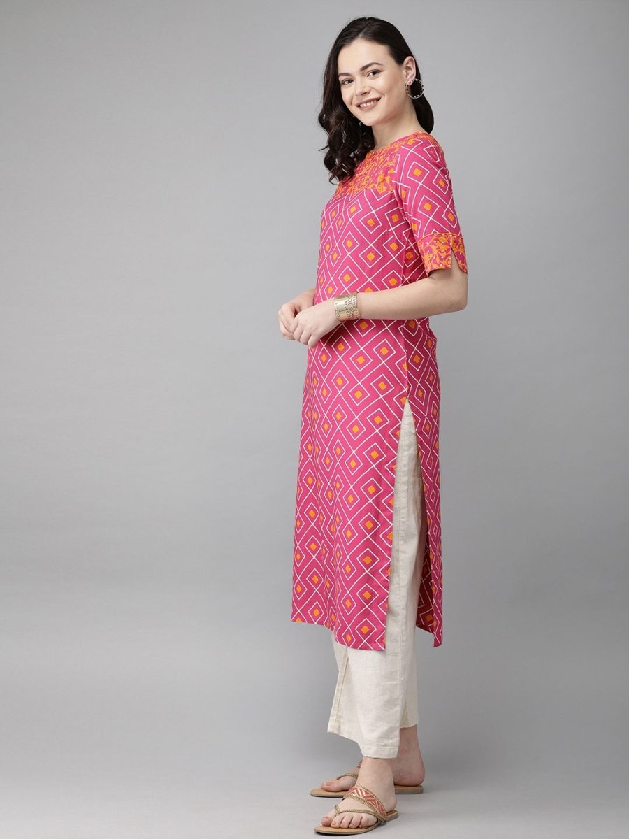 Anouk Women Pink & Mustard Yellow Printed Straight Kurta - Swadesiicart