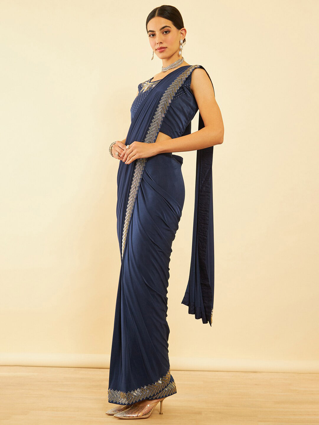Soch Blue Beads and Stones Ready to Wear Saree | Swadesiicart