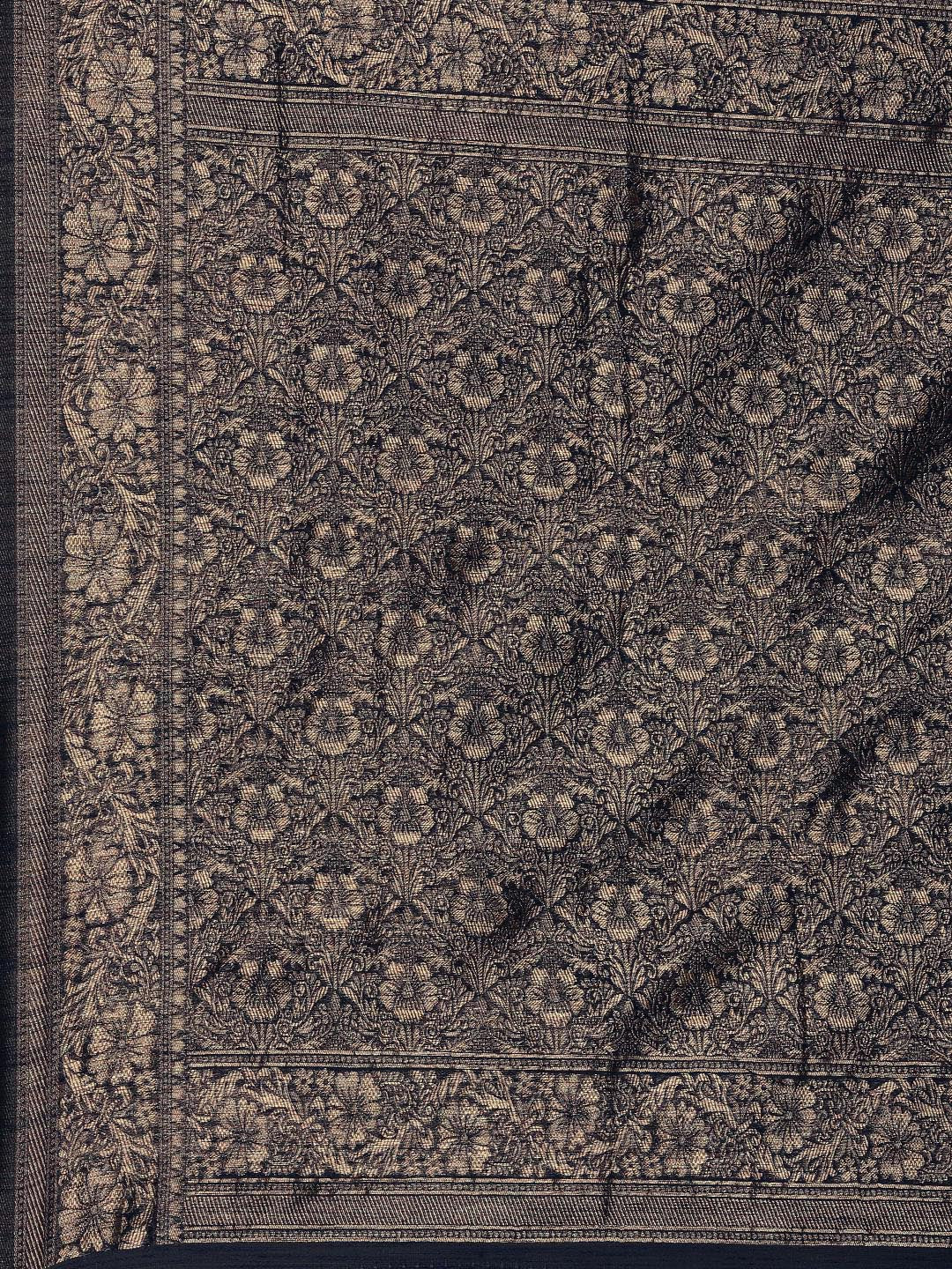 Saree Mall Navy Blue Floral Linen Blend Banarasi Saree | Swadesiicart