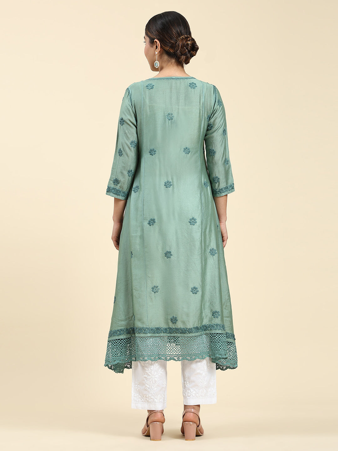 HOUSE OF KARI Embroidered Chikankari Chanderi Silk Anarkali Kurta | Swadesiicart