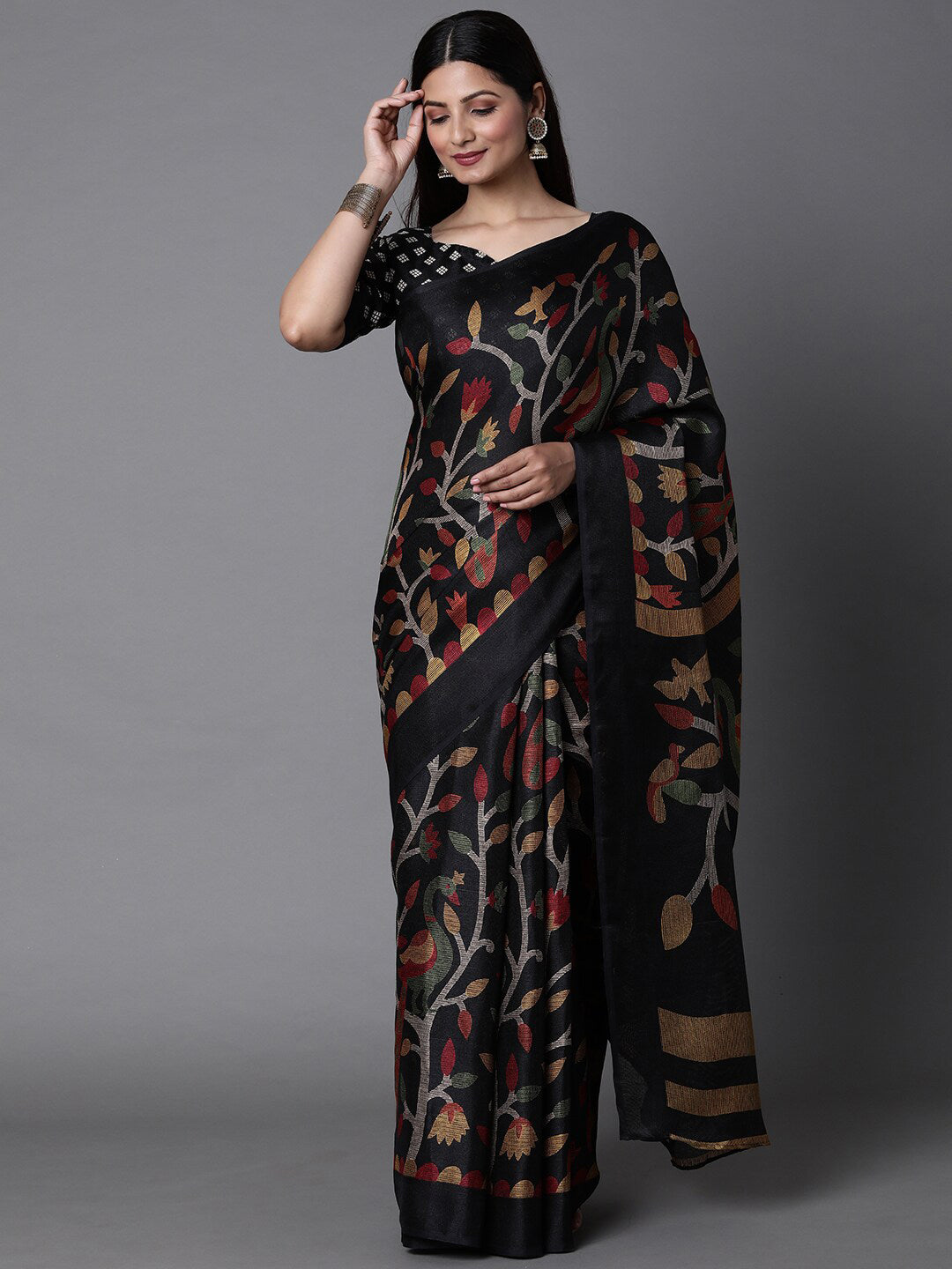 Mitera Black & Green Ethnic Motifs Jute Cotton Banarasi Saree with Matching Blouse | Swadesiicart