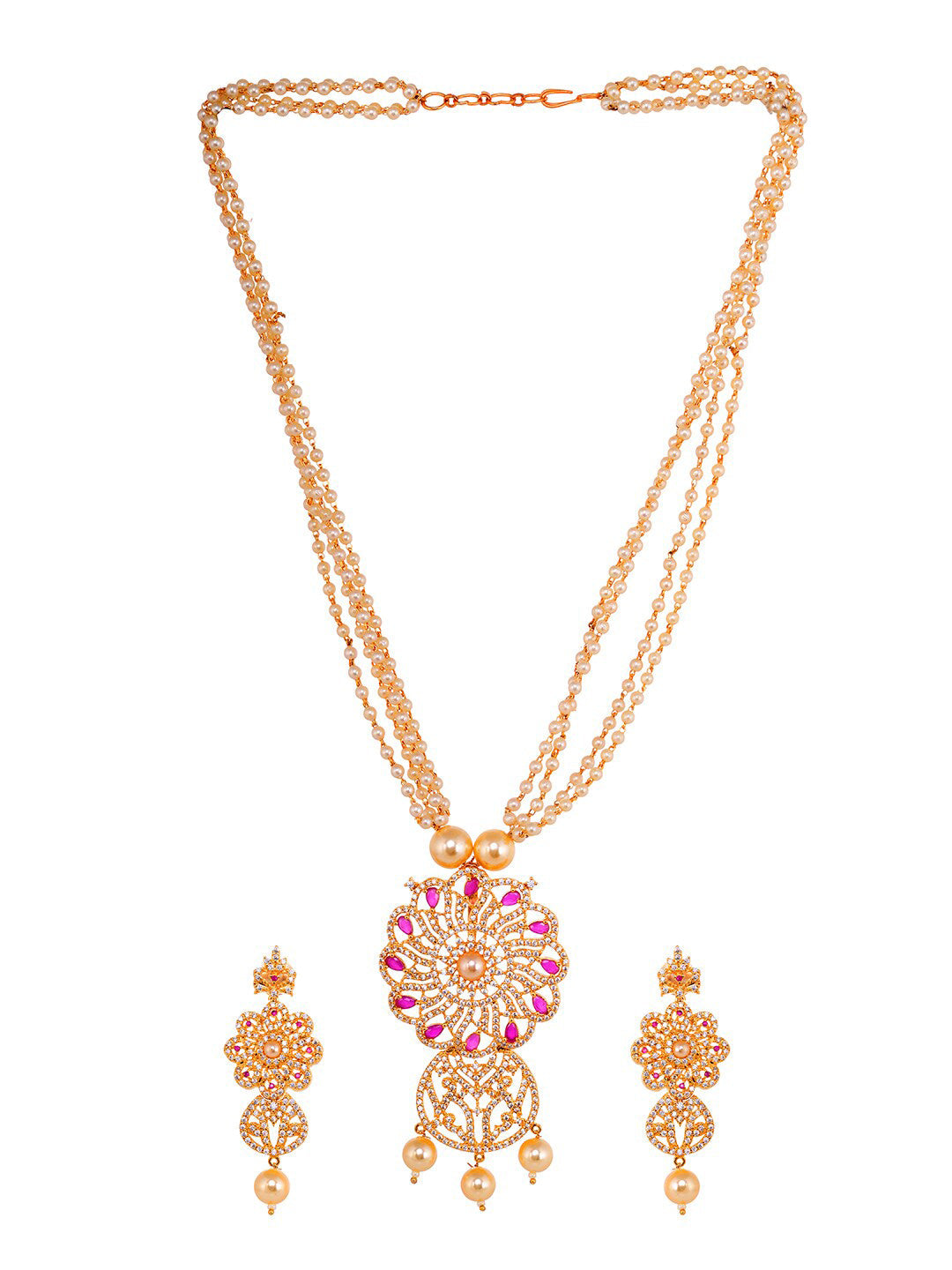 Saraf RS Jewellery Gold-Polished White & Pink American Diamond Studded & Beaded Handcrafted Set - Swadesiicart
