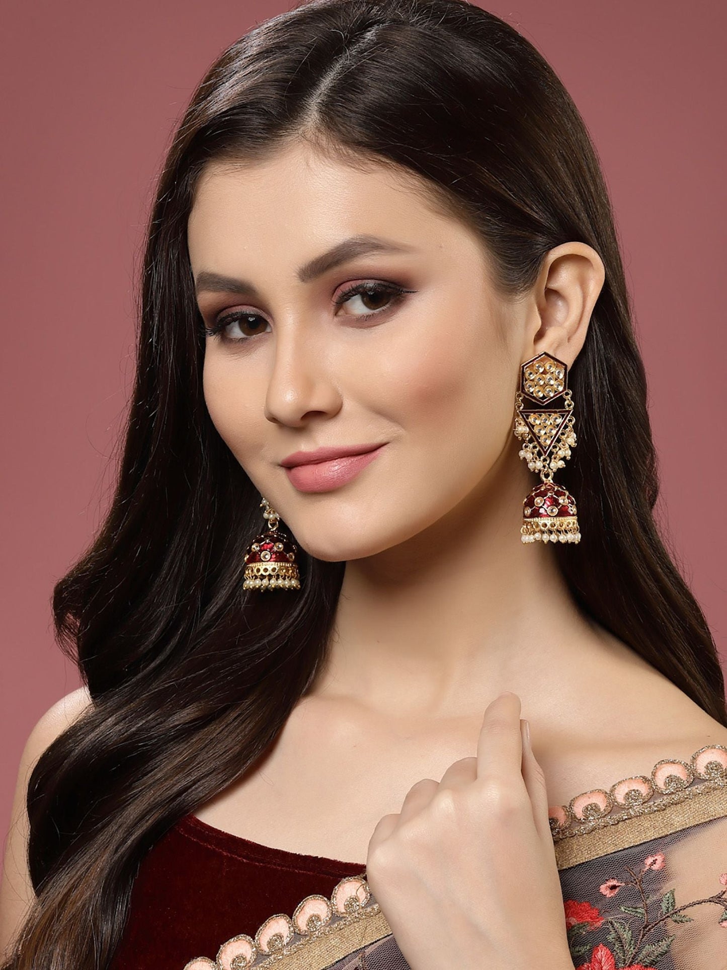 New Partywear Maroon Meenakari Drop Earrings for Womens by House of Ree | Swadesiicart
