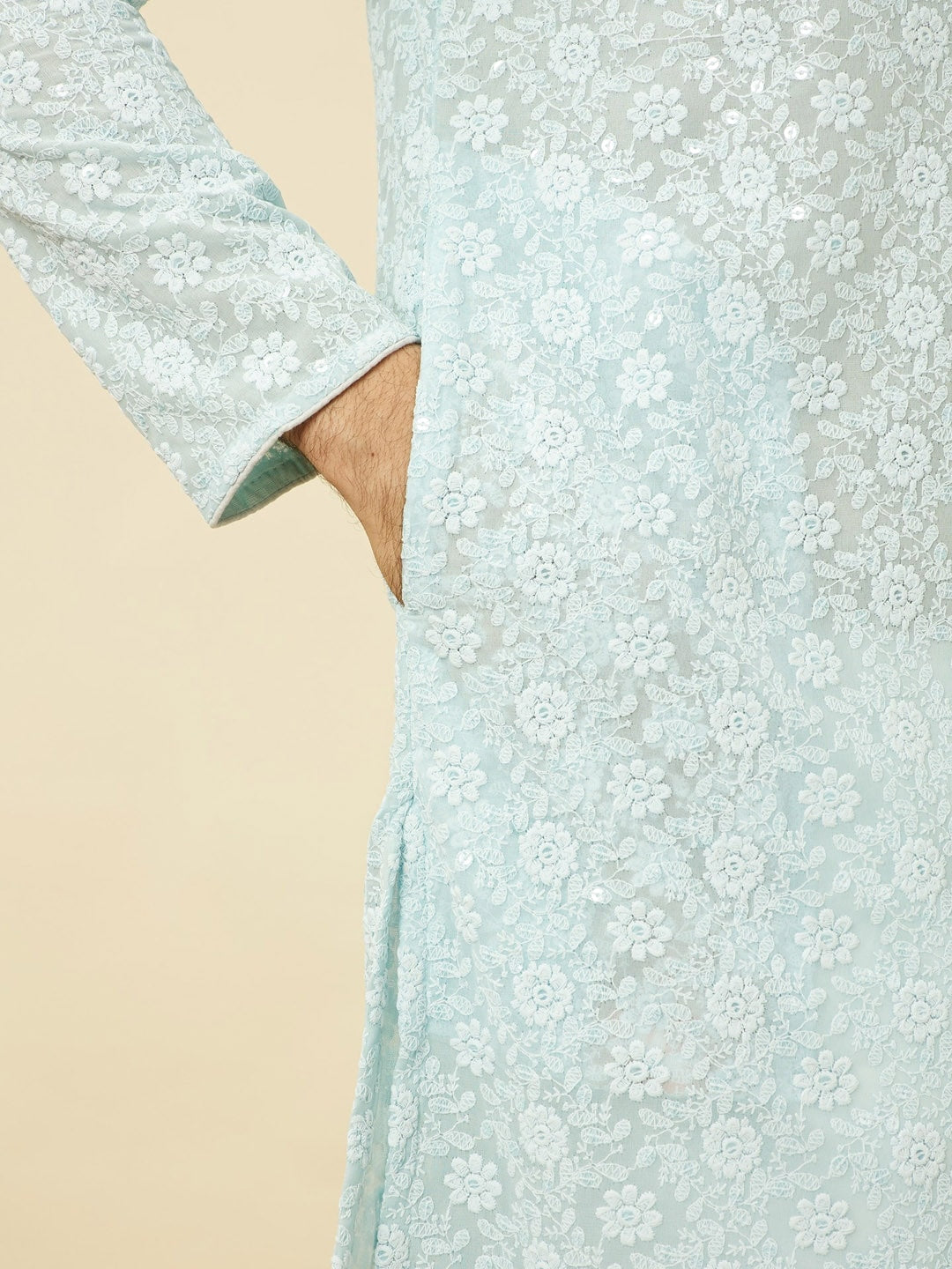 Manyavar Floral Chikankari Embroidered Regular Thread Work Kurta With Pyjamas | Swadesiicart