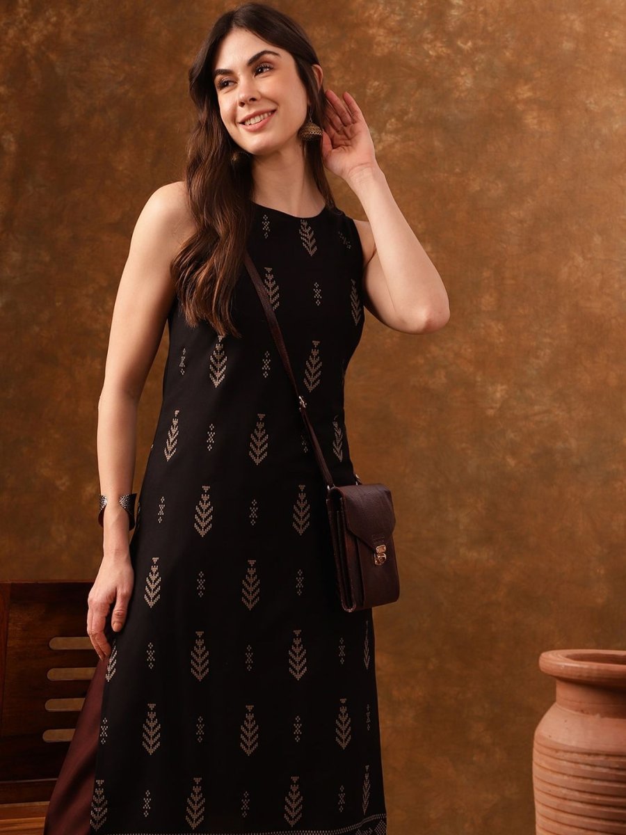 Anouk Black Ethnic Motifs Printed Sleeveless Straight Kurta - Swadesiicart