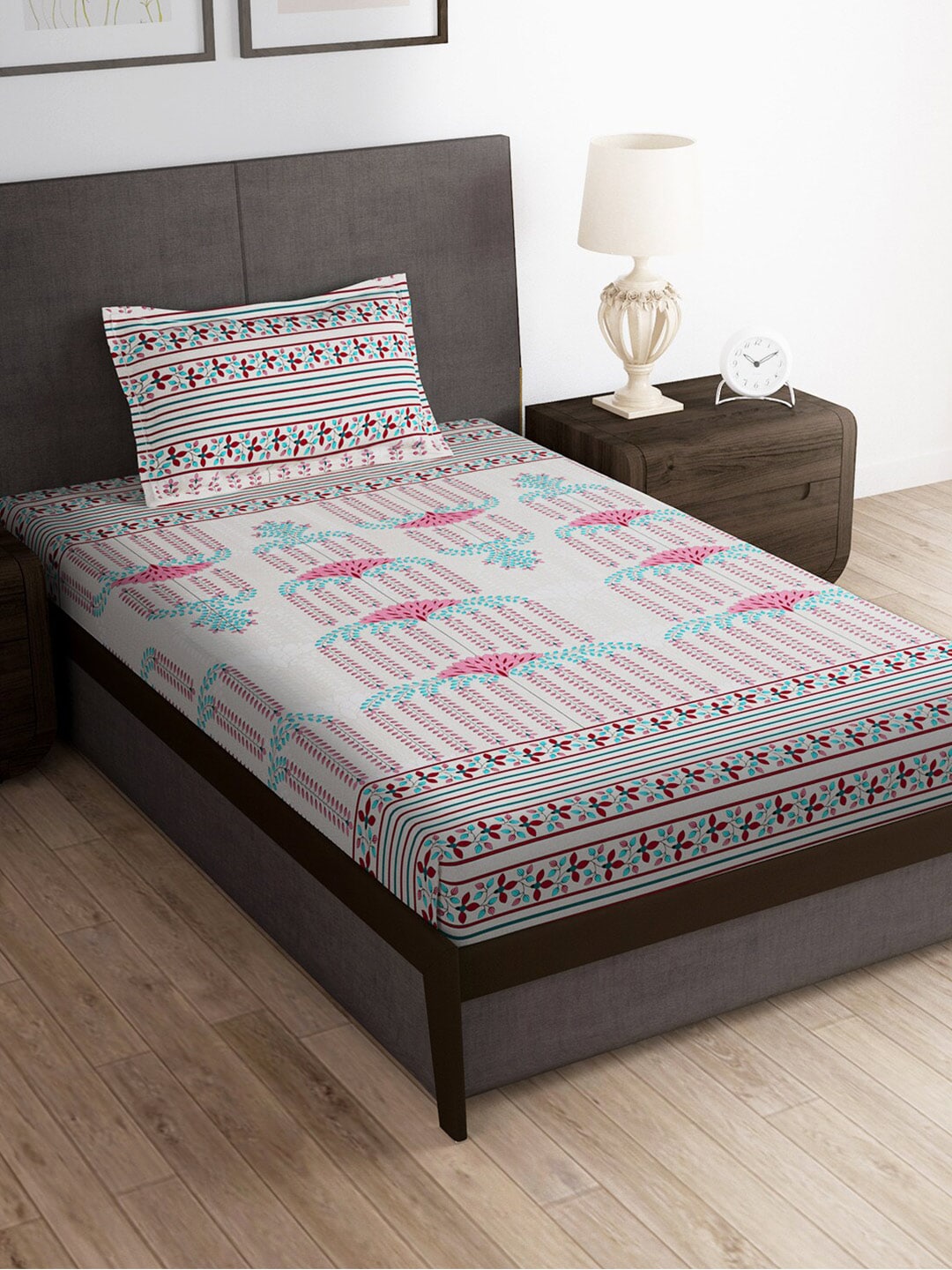 Story@home Grey & Pink Ethnic Motifs 180 TC Bedsheet with Pillow Cover - Swadesiicart